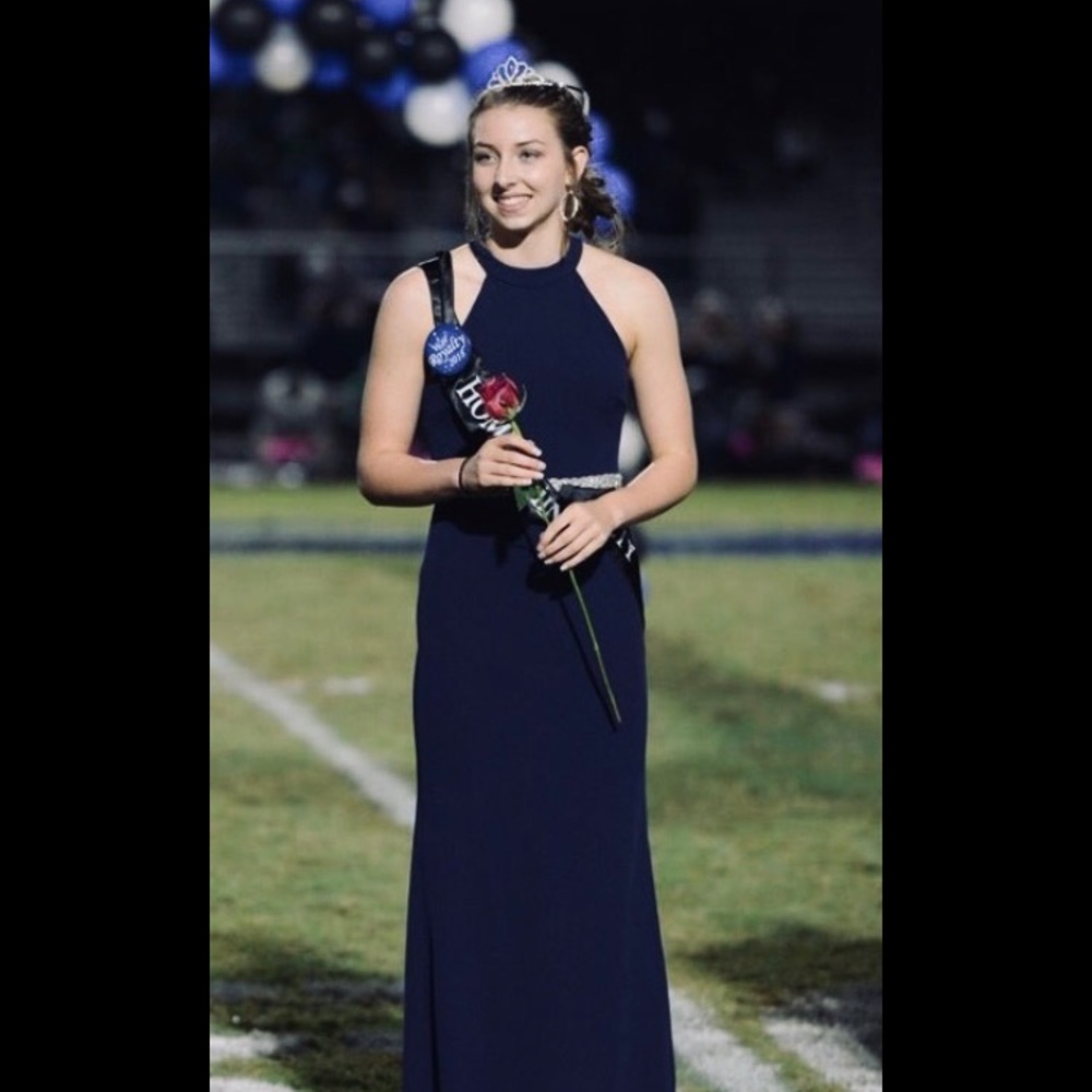 Navy blue prom dress with diamond wedding belt